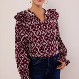 Women's Burgundy Patterned Ruffle Top